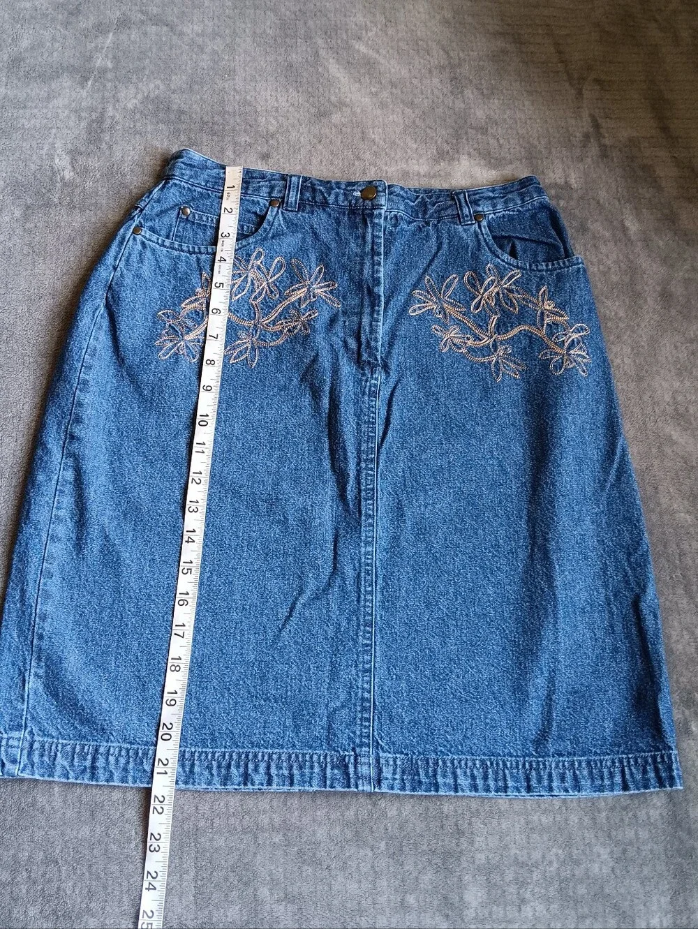 Y2K Blue Denim Cotton Jean Floral Embroidered Skirt, Vintage Westbound Size 8
